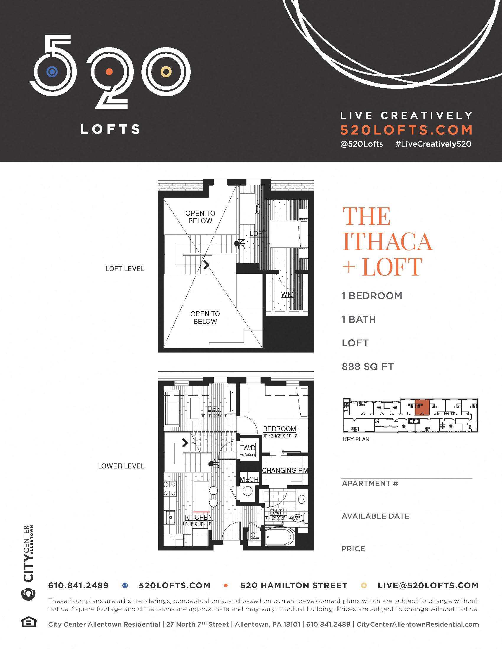 Floor plan for 1 bed, 1 bath, 888 sqft